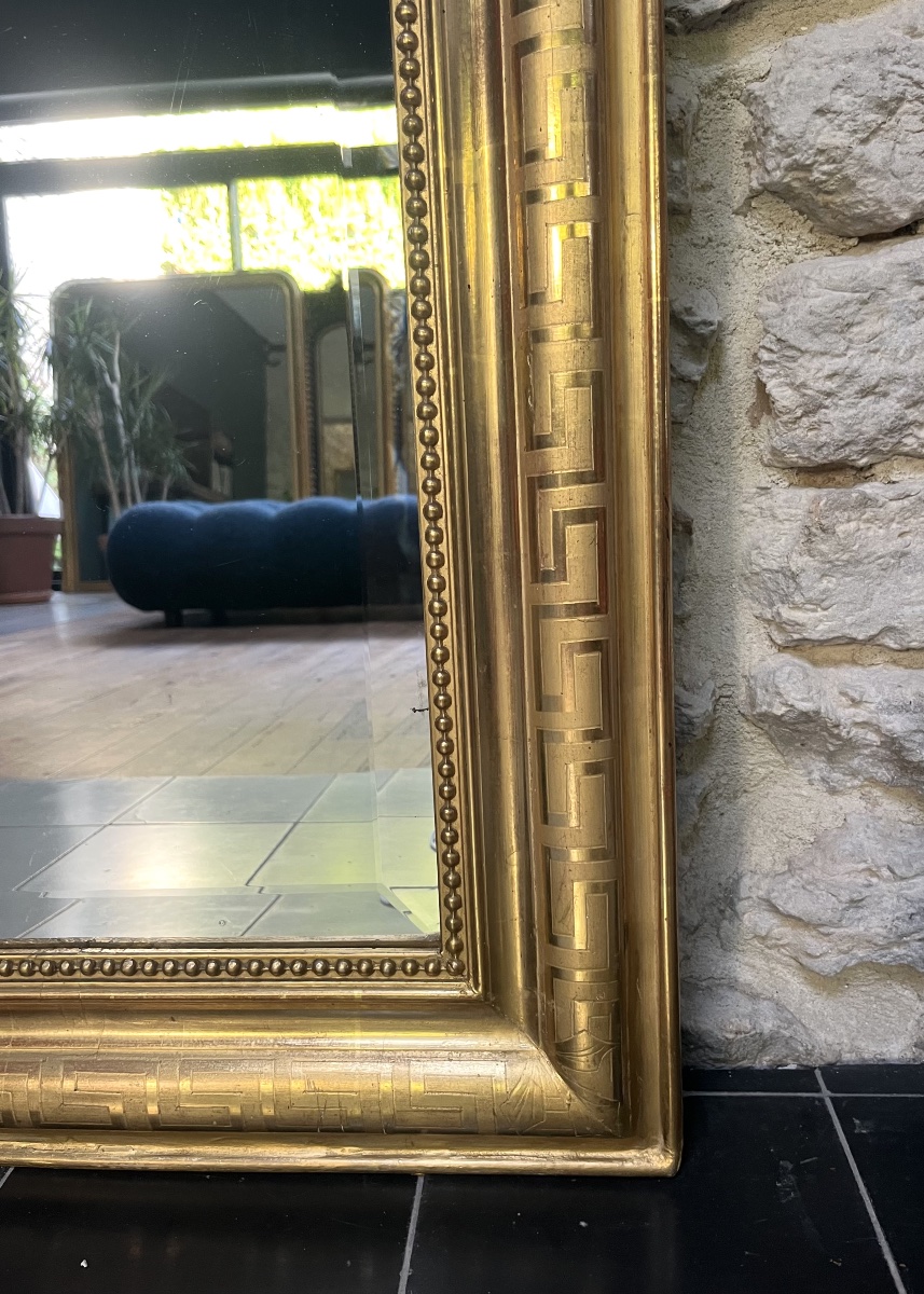 Miroir ancien Louis-Philippe  fronton et perlé 148/95,5cm , feuille d’or, glace biseautée -photo-1