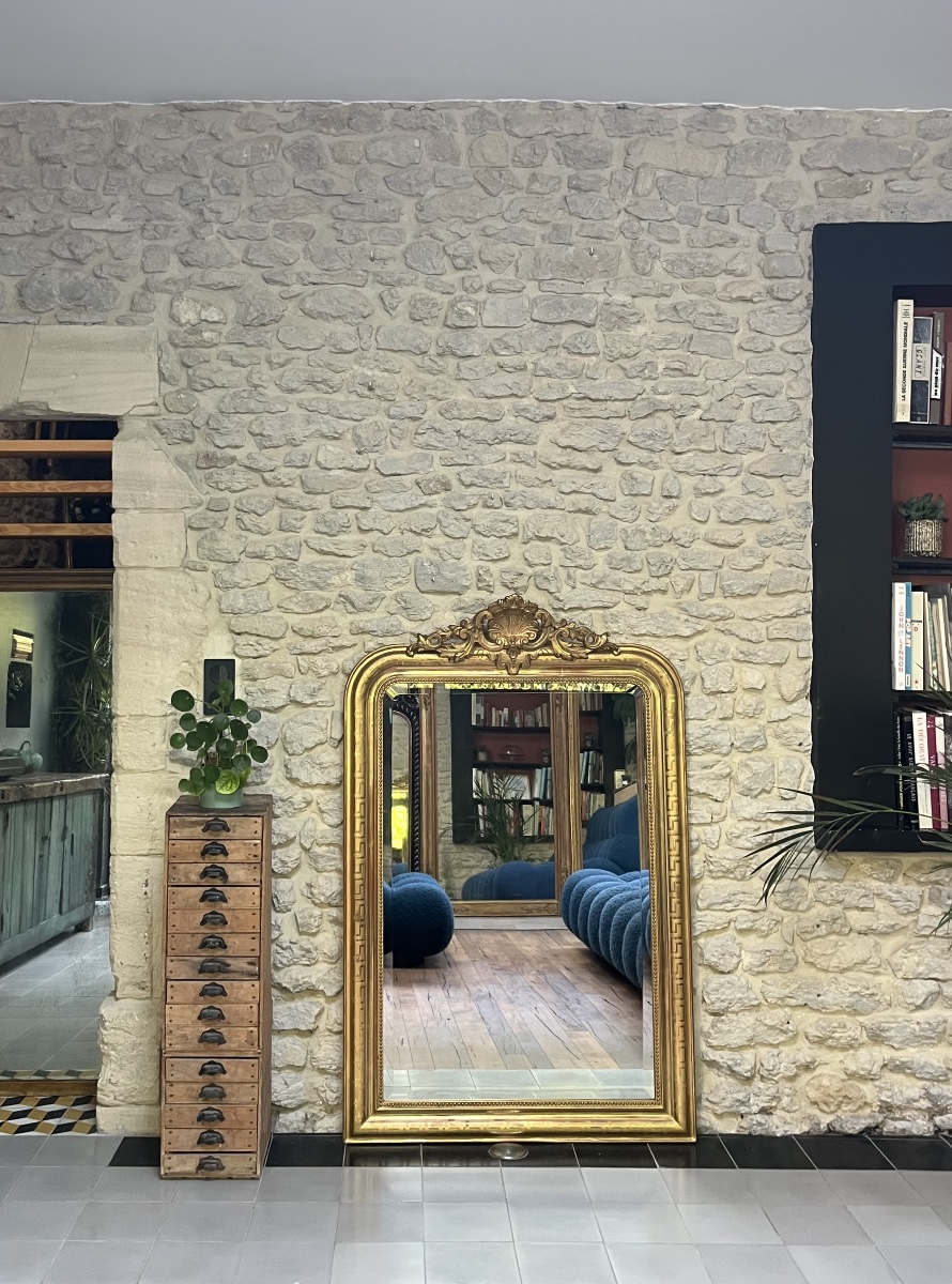 Miroir ancien Louis-Philippe  fronton et perlé 148/95,5cm , feuille d’or, glace biseautée -photo-2