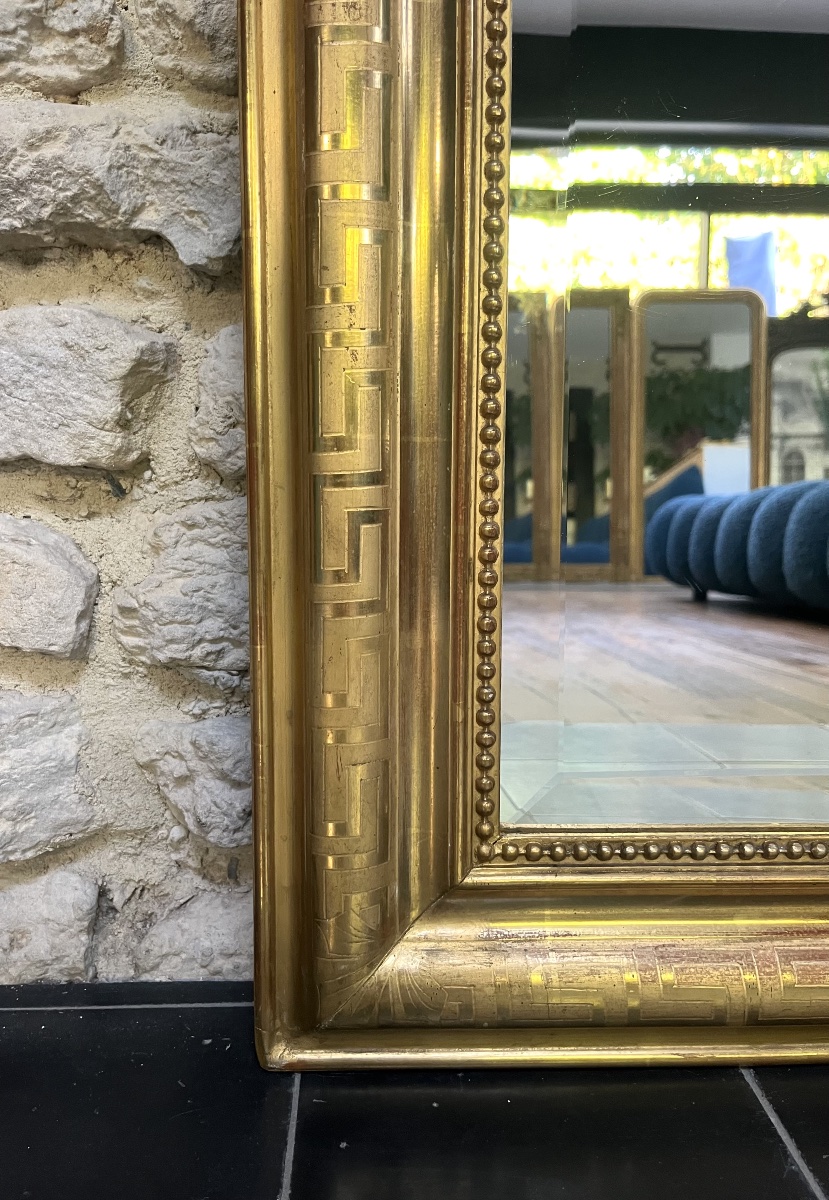 Miroir ancien Louis-Philippe  fronton et perlé 148/95,5cm , feuille d’or, glace biseautée -photo-4