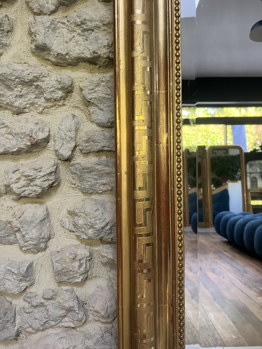 Miroir ancien Louis-Philippe  fronton et perlé 148/95,5cm , feuille d’or, glace biseautée -photo-5