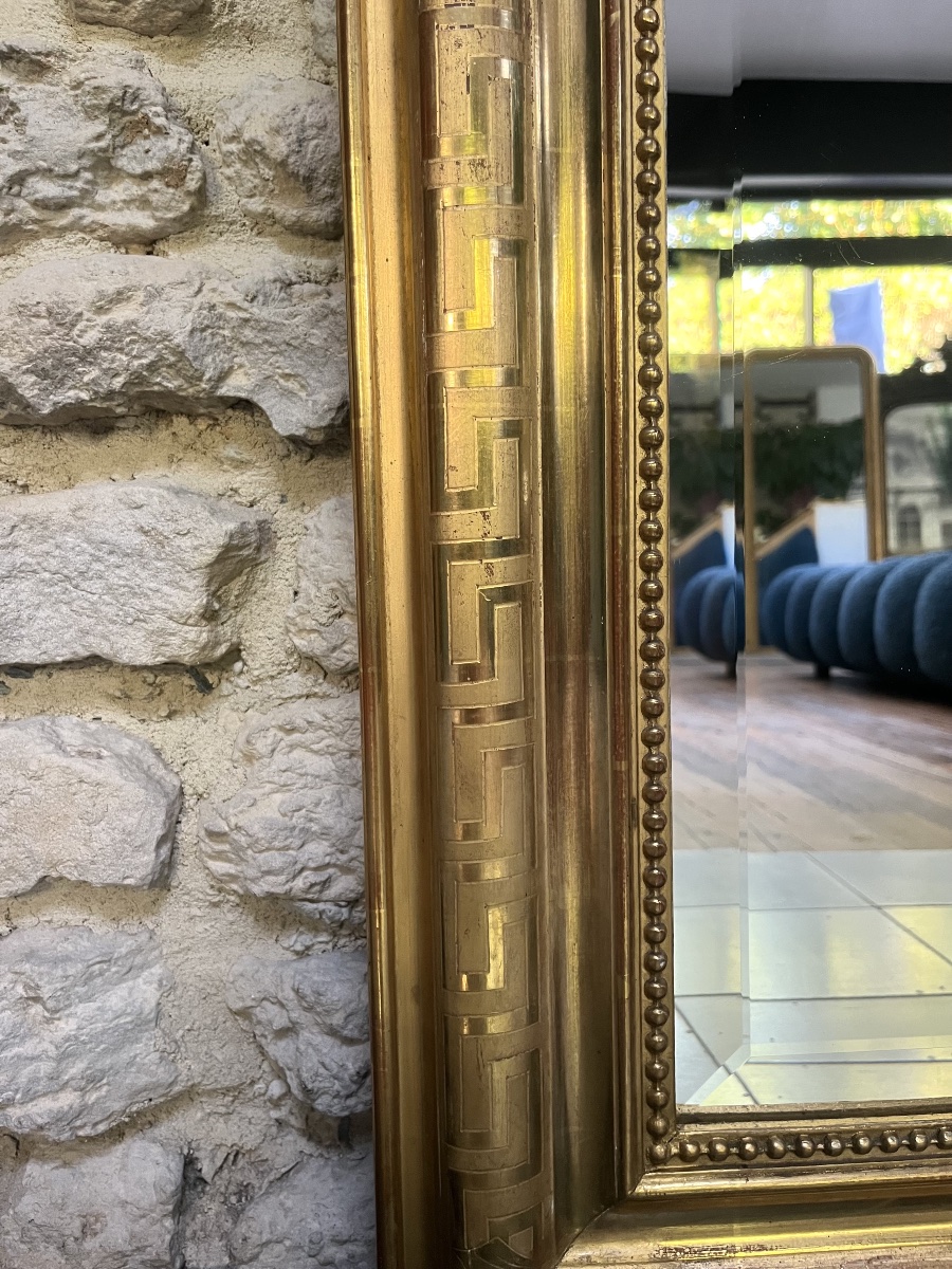 Miroir ancien Louis-Philippe  fronton et perlé 148/95,5cm , feuille d’or, glace biseautée -photo-6