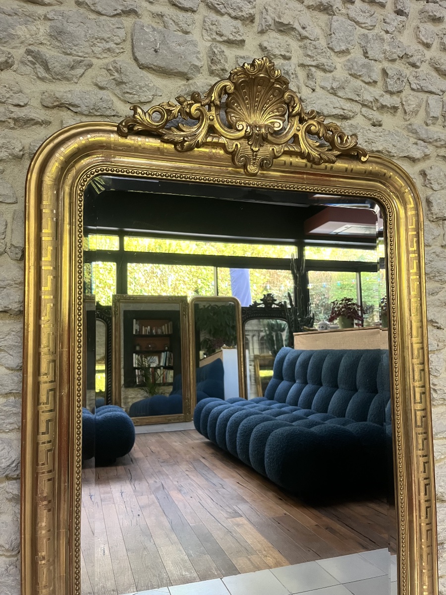 Miroir ancien Louis-Philippe  fronton et perlé 148/95,5cm , feuille d’or, glace biseautée -photo-7