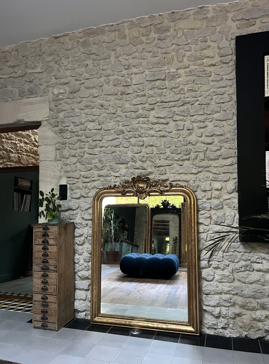 Miroir ancien Louis-Philippe à fronton et perlé 135/98,5cm, trumeau de cheminée, glace-photo-4