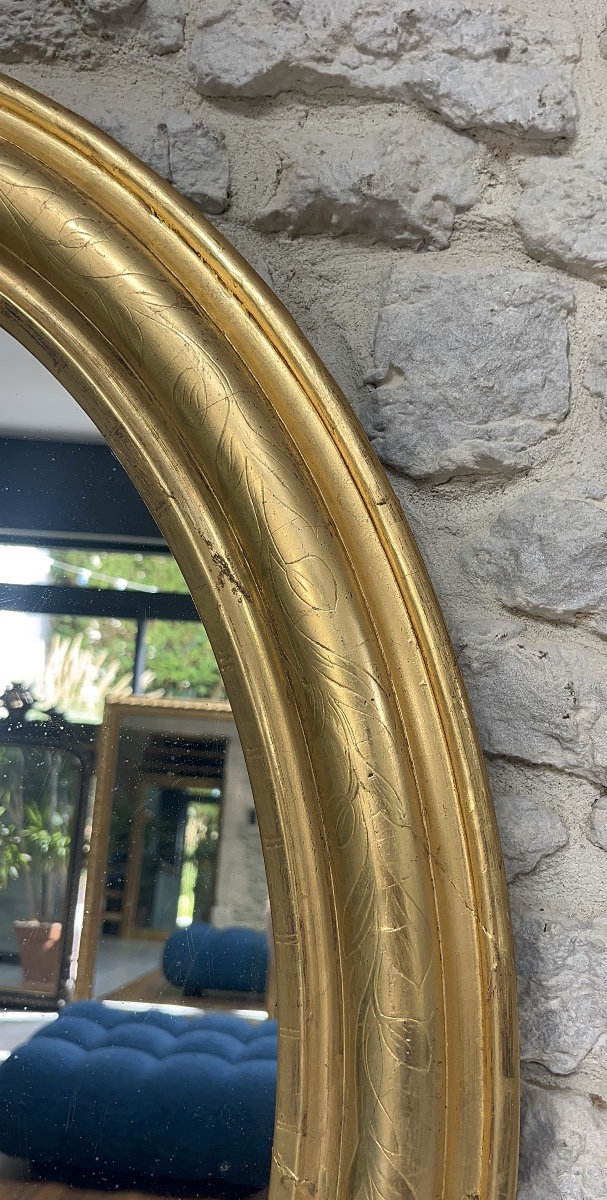Oval Mirror, 83.5 X 65 Cm, Gilded With Gold Leaf And Featuring A Floral Design; Antique Mirror From The Late 19th To Early 20th Century-photo-5