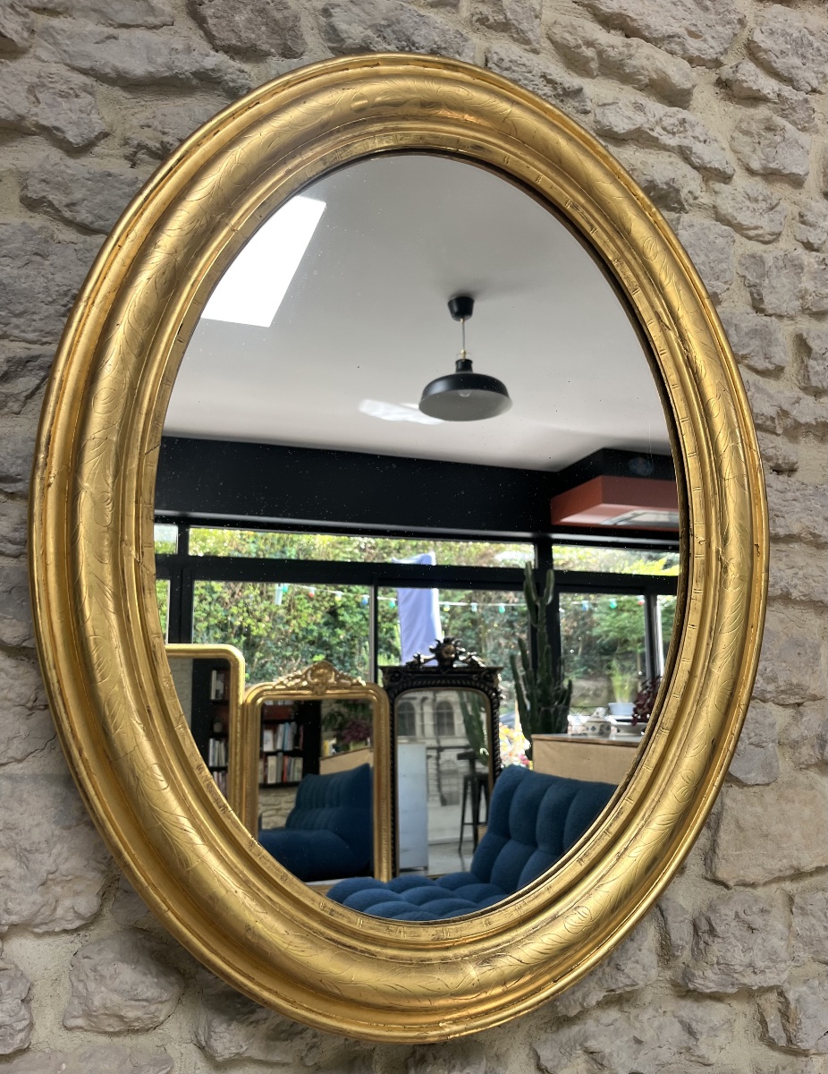 Oval Mirror, 83.5 X 65 Cm, Gilded With Gold Leaf And Featuring A Floral Design; Antique Mirror From The Late 19th To Early 20th Century-photo-6