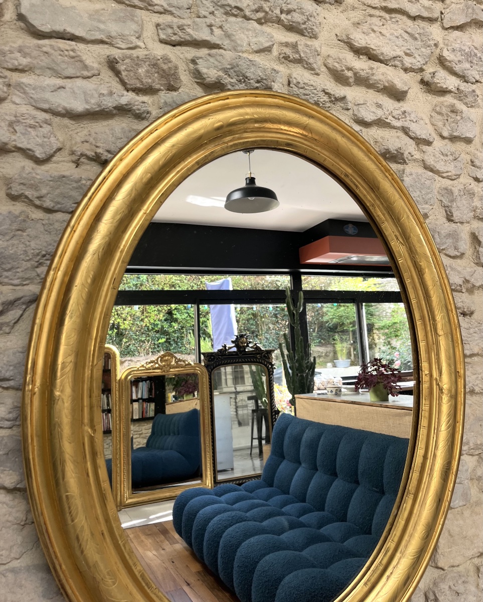 Oval Mirror, 83.5 X 65 Cm, Gilded With Gold Leaf And Featuring A Floral Design; Antique Mirror From The Late 19th To Early 20th Century-photo-7