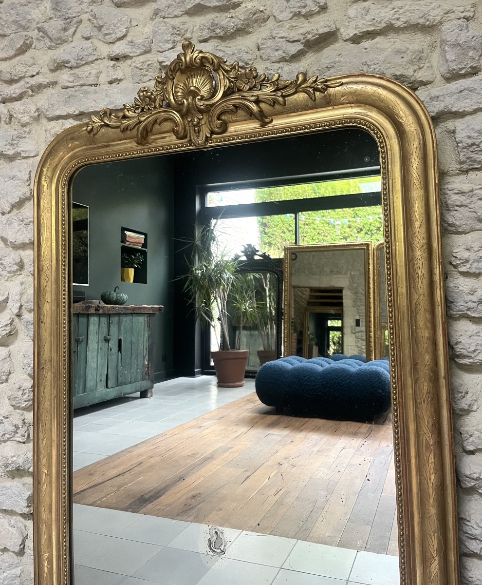 Miroir Louis-Philippe de cheminée à fronton et perlé 131,5/90cm, trumeau de cheminée, glace, -photo-2