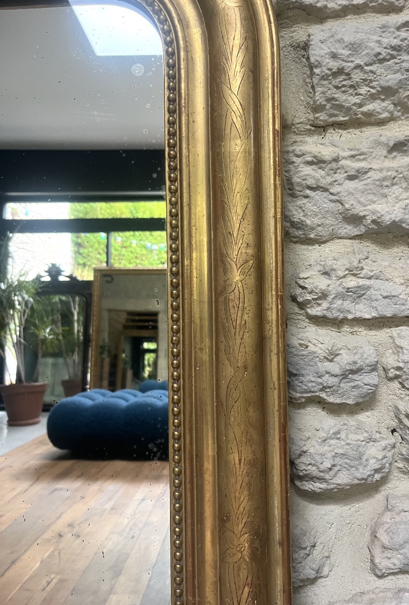 Miroir Louis-Philippe de cheminée à fronton et perlé 131,5/90cm, trumeau de cheminée, glace, -photo-1