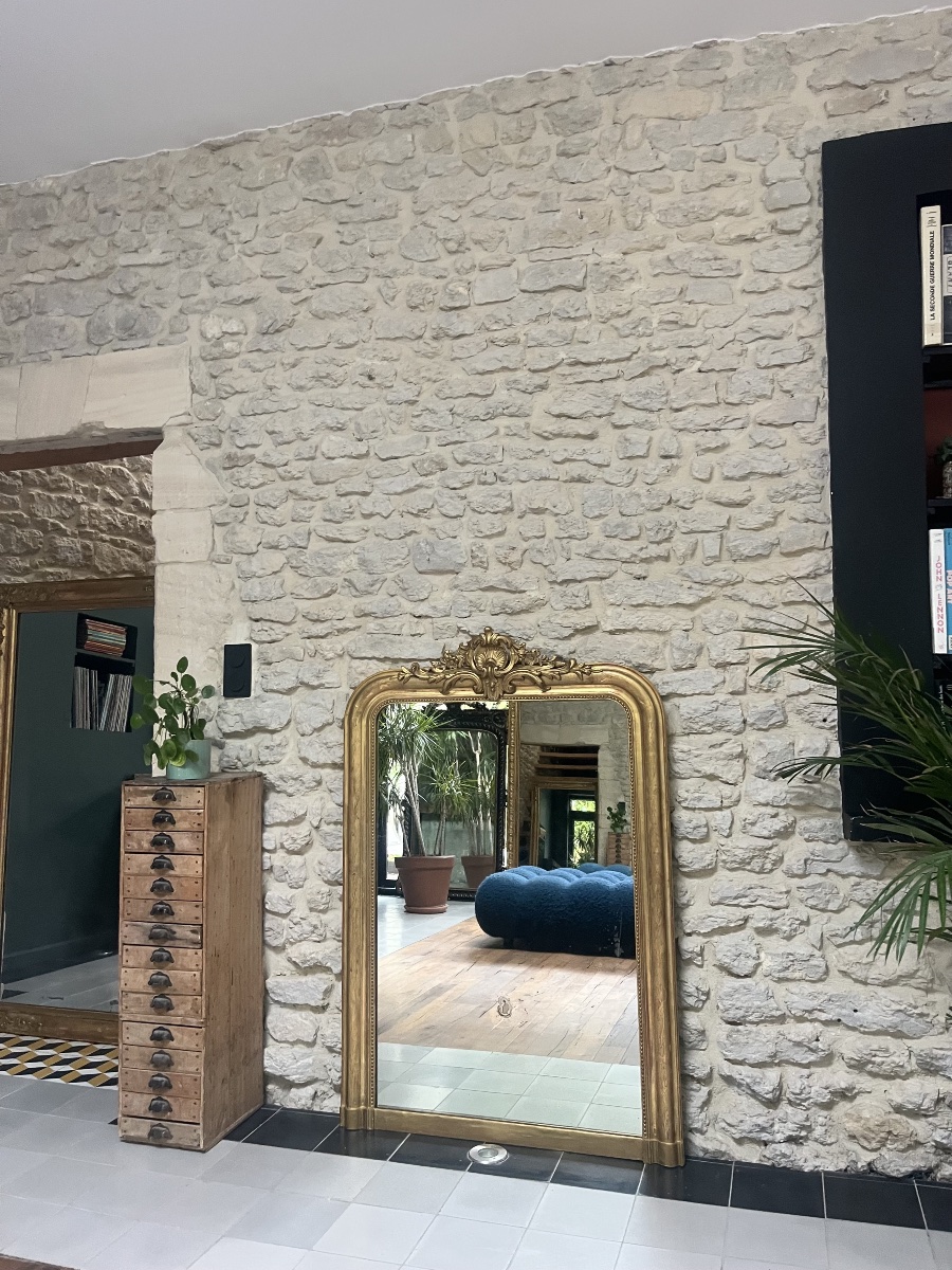 Miroir Louis-Philippe de cheminée à fronton et perlé 131,5/90cm, trumeau de cheminée, glace, -photo-2