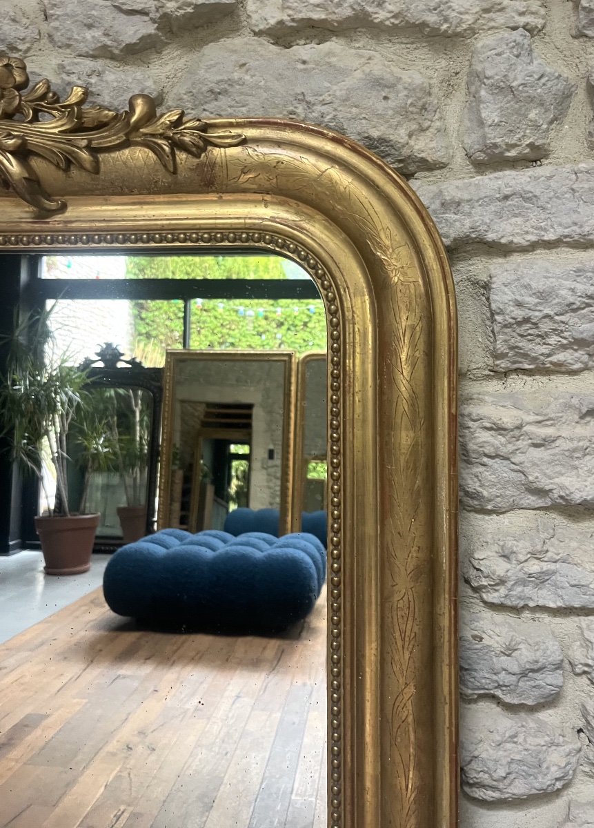 Miroir Louis-Philippe de cheminée à fronton et perlé 131,5/90cm, trumeau de cheminée, glace, -photo-3