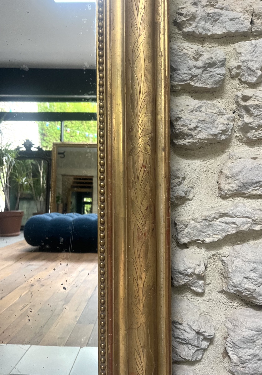 Miroir Louis-Philippe de cheminée à fronton et perlé 131,5/90cm, trumeau de cheminée, glace, -photo-4
