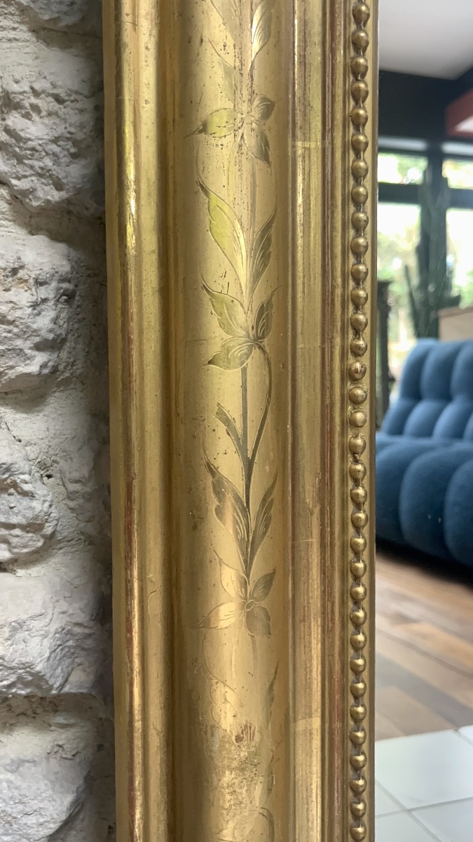 Louis-philippe Beaded Mirror, 147/105 Cm, Gilded With Gold Leaf And Featuring A Floral Design, Fireplace Trumeau -photo-2