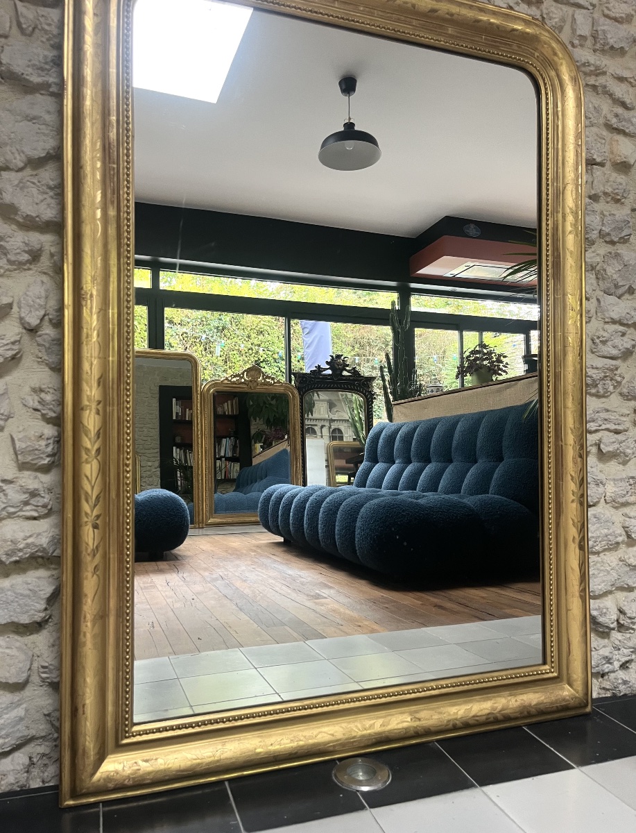 Louis-philippe Beaded Mirror, 147/105 Cm, Gilded With Gold Leaf And Featuring A Floral Design, Fireplace Trumeau -photo-4