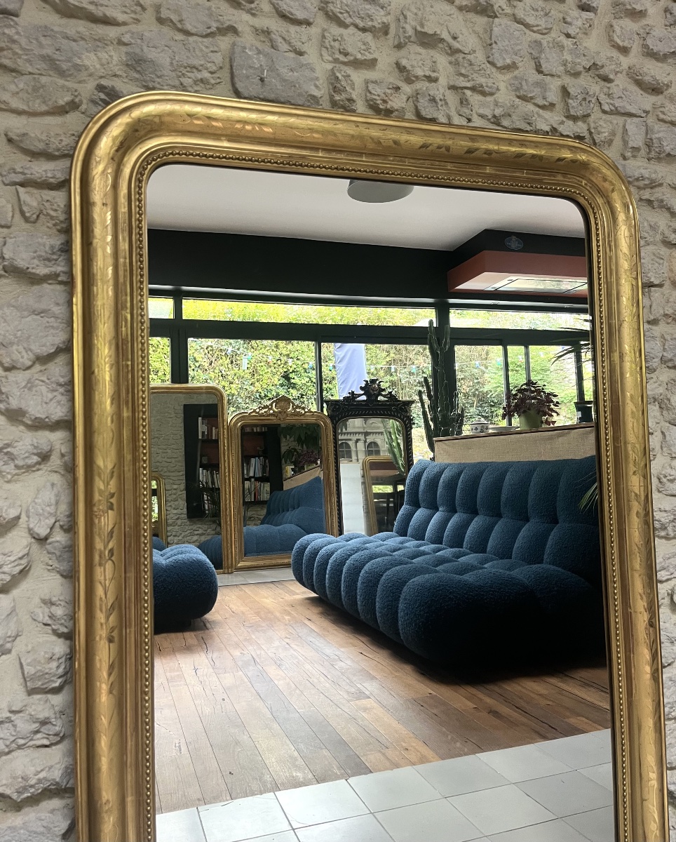 Louis-philippe Beaded Mirror, 147/105 Cm, Gilded With Gold Leaf And Featuring A Floral Design, Fireplace Trumeau -photo-2