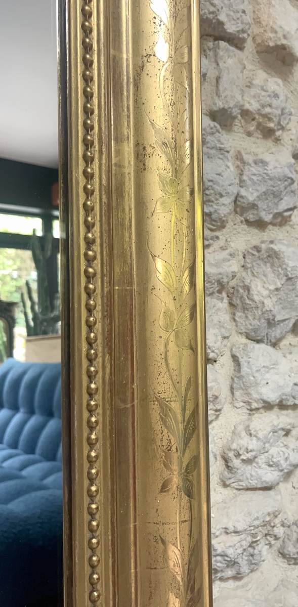 Louis-philippe Beaded Mirror, 147/105 Cm, Gilded With Gold Leaf And Featuring A Floral Design, Fireplace Trumeau -photo-3
