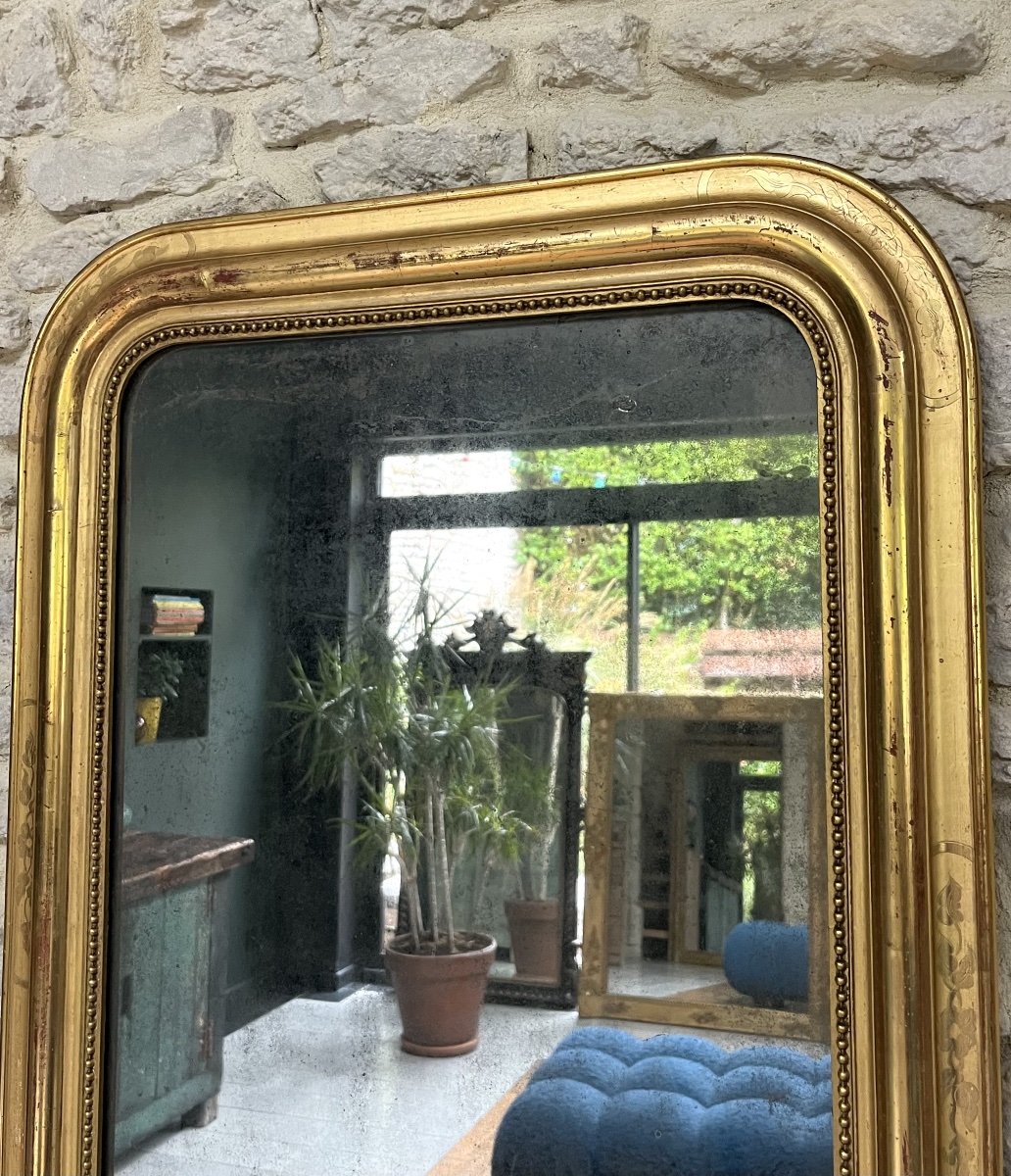 Louis-philippe-style Beaded Mirror, 82/61 Cm, Gilded With Gold Leaf, Mercury Glass, Fireplace Trumeau -photo-5