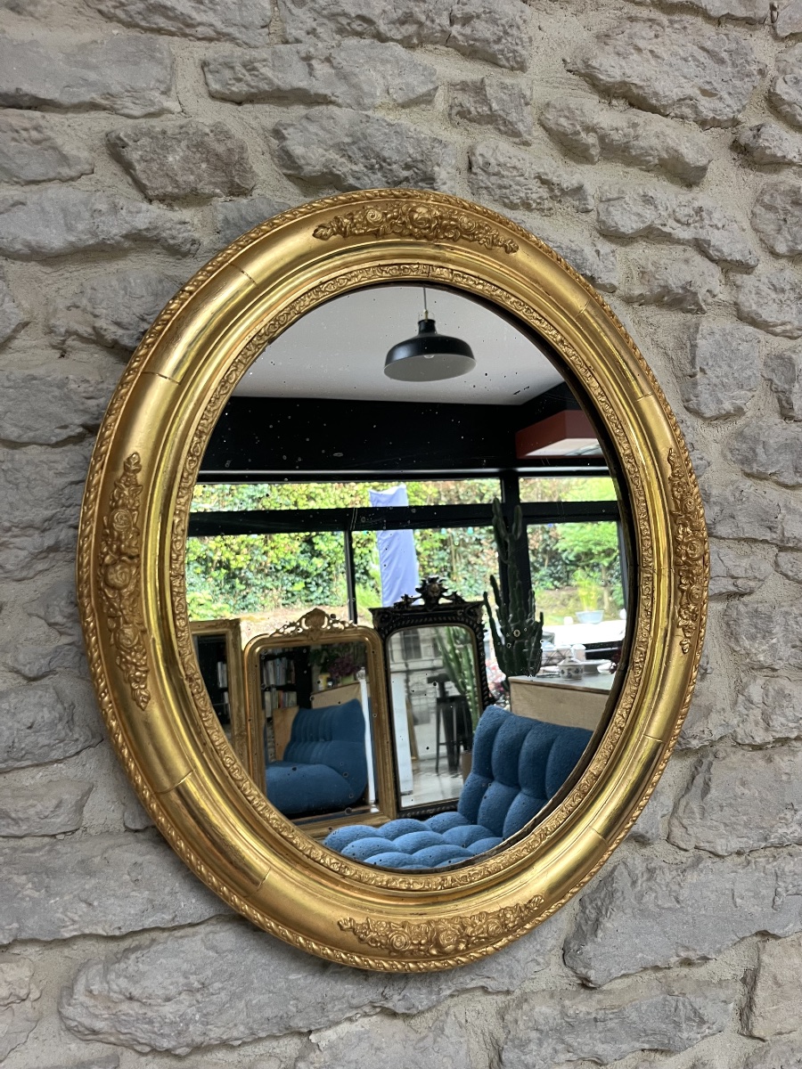 Miroir ovale moulure florale 59/50,5cm doré à la feuille d’or époque fin 19ème, glace  -photo-5