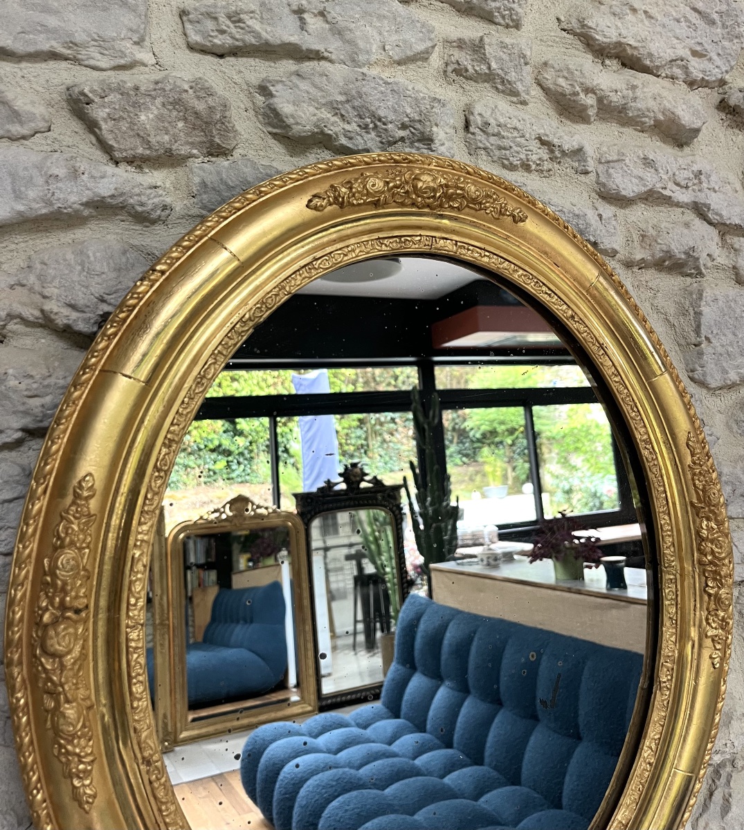 Miroir ovale moulure florale 59/50,5cm doré à la feuille d’or époque fin 19ème, glace  -photo-6