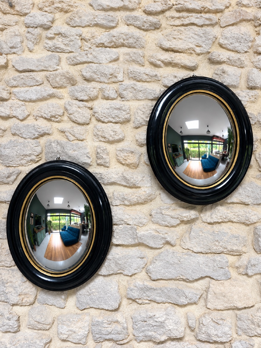Paire de miroirs sorcière époque Napoléon III 42,5/34,5cm, noir et doré, curiosité, glace-photo-4