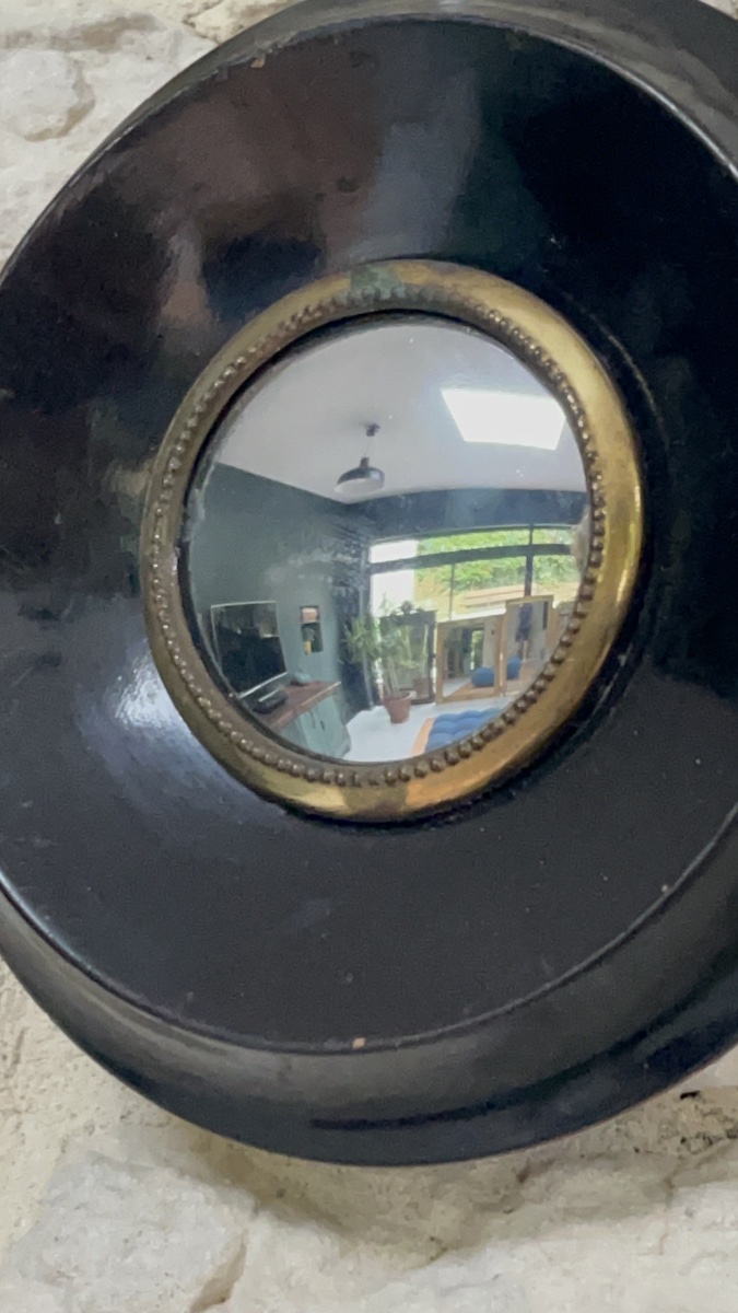 Paire de miroir sorcière Napoléon III, 12cm, glace ancienne, curiosité, antiquité, noir-photo-3