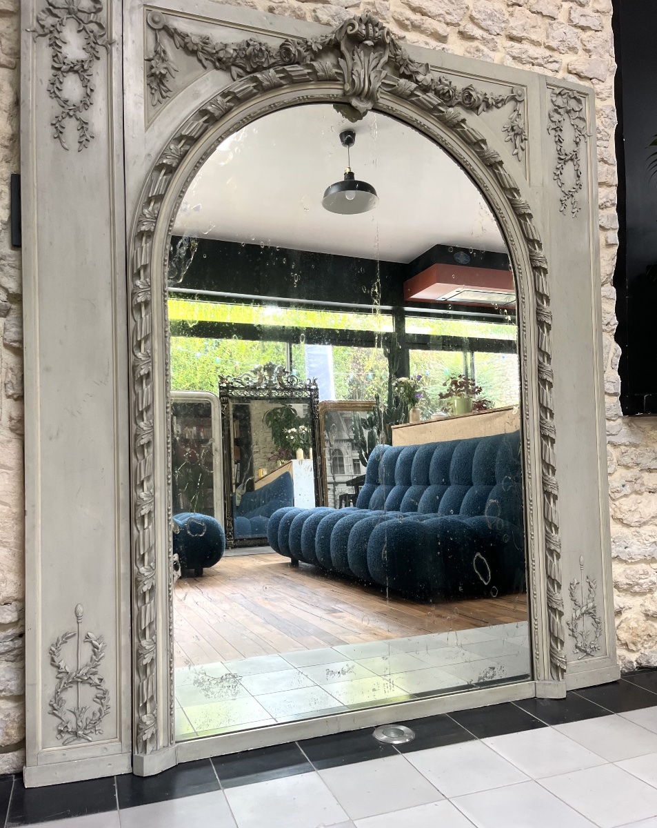 Important Antique Woodwork, 176.5/158 Cm, Fireplace Trumeau, Antique Louis XVI-style Mirror -photo-4