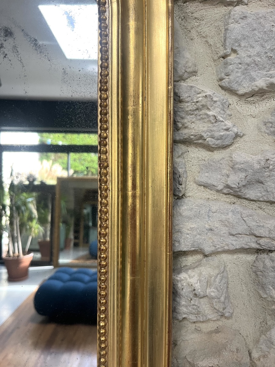 Antique Louis-philippe Beaded Mirror, 56.5/44 Cm, Gilded With Gold Leaf, Mercury Glass, Trumeau Style. -photo-2