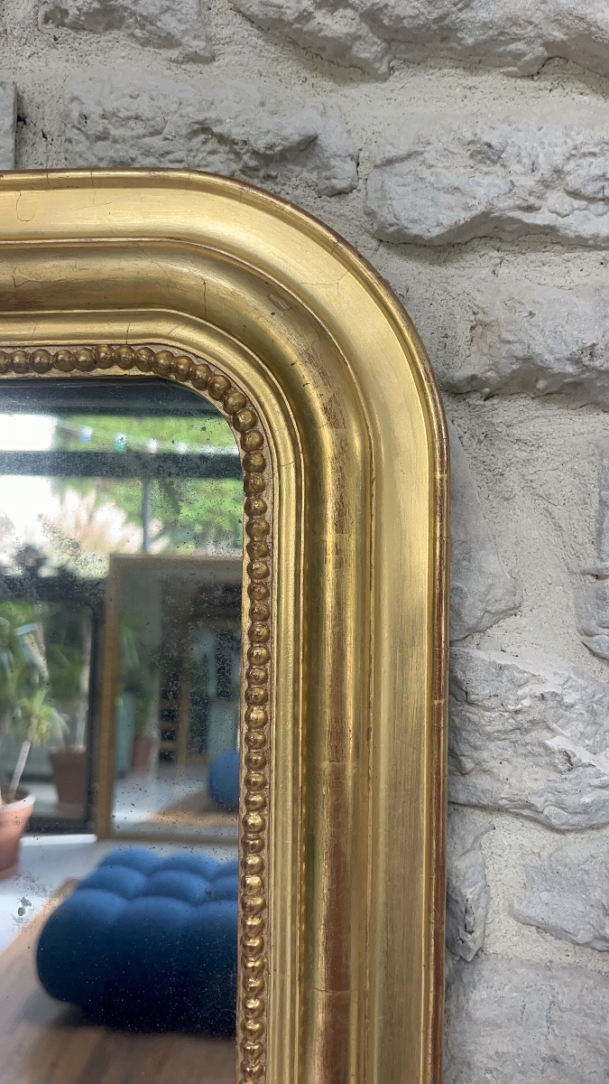 Antique Louis-philippe Beaded Mirror, 56.5/44 Cm, Gilded With Gold Leaf, Mercury Glass, Trumeau Style. -photo-3