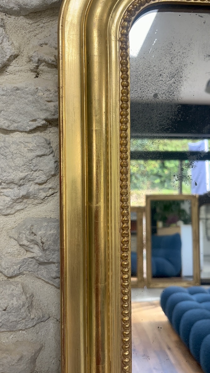 Antique Louis-philippe Beaded Mirror, 56.5/44 Cm, Gilded With Gold Leaf, Mercury Glass, Trumeau Style. -photo-1
