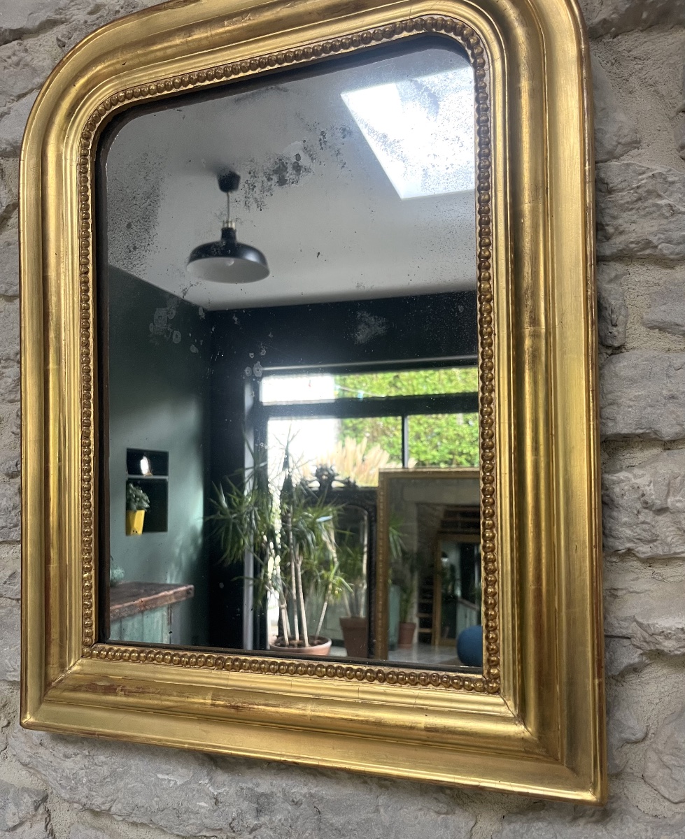 Antique Louis-philippe Beaded Mirror, 56.5/44 Cm, Gilded With Gold Leaf, Mercury Glass, Trumeau Style. -photo-2