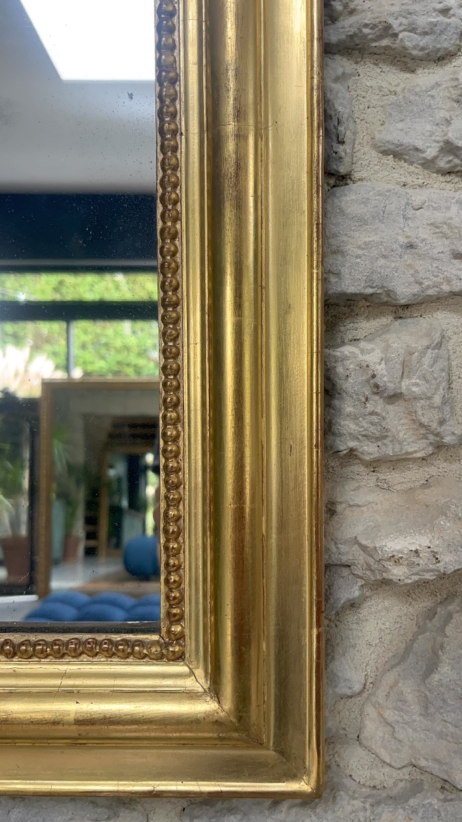 Antique Louis-philippe Beaded Mirror, 56.5/44 Cm, Gilded With Gold Leaf, Mercury Glass, Trumeau Style. -photo-3