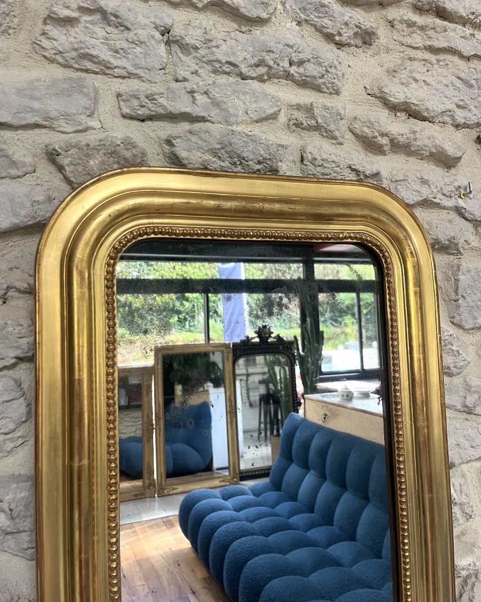Antique Louis-philippe Beaded Mirror, 56.5/44 Cm, Gilded With Gold Leaf, Mercury Glass, Trumeau Style. -photo-5