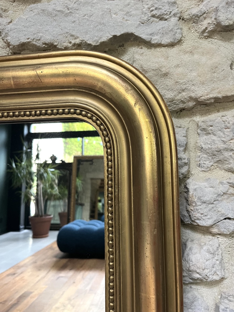 Miroir Louis Philippe perlé 108,5/69cm, doré à la feuille d’or, trumeau de cheminée, glace.  -photo-2