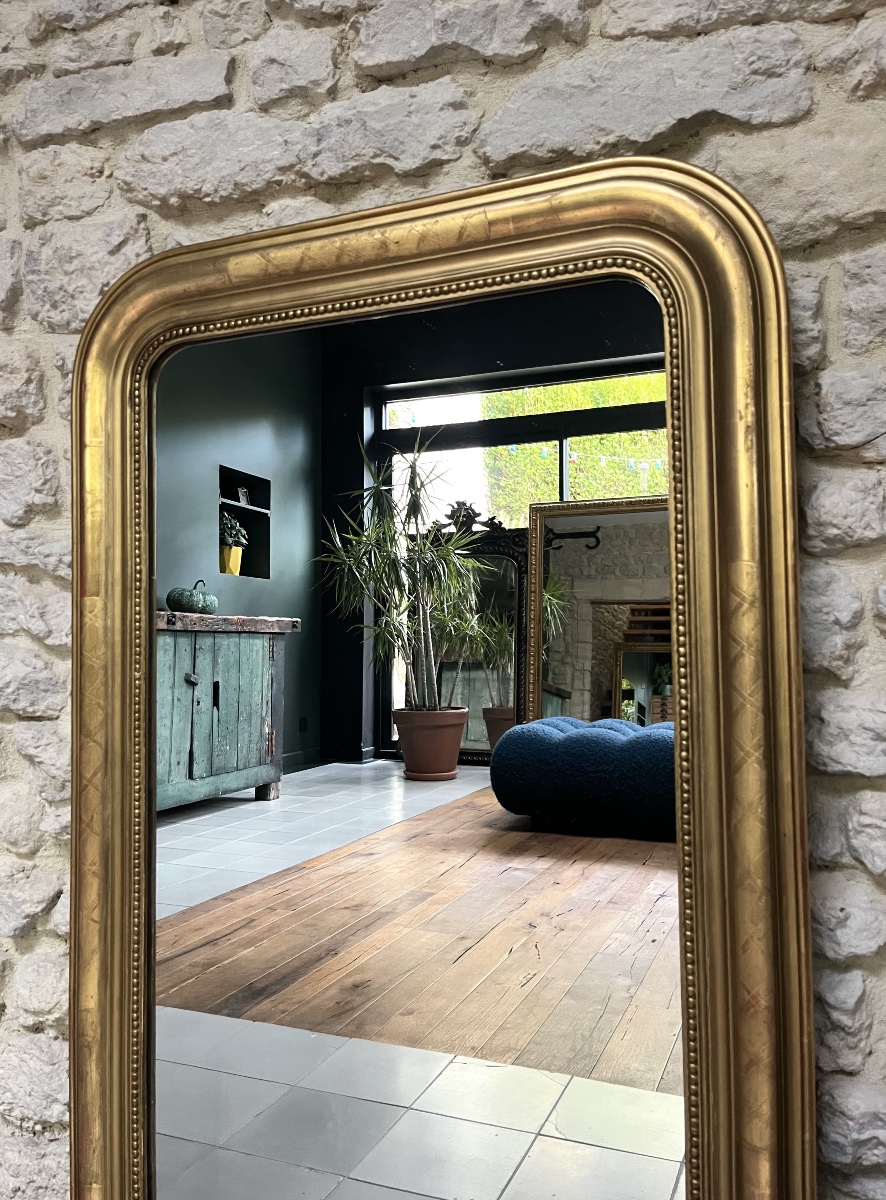 Miroir Louis Philippe perlé 108,5/69cm, doré à la feuille d’or, trumeau de cheminée, glace.  -photo-3