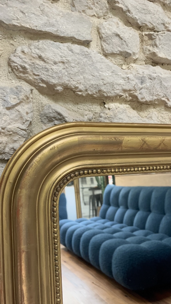 Miroir Louis Philippe perlé 108,5/69cm, doré à la feuille d’or, trumeau de cheminée, glace.  -photo-4