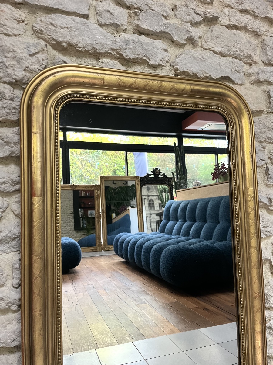 Miroir Louis Philippe perlé 108,5/69cm, doré à la feuille d’or, trumeau de cheminée, glace.  -photo-2