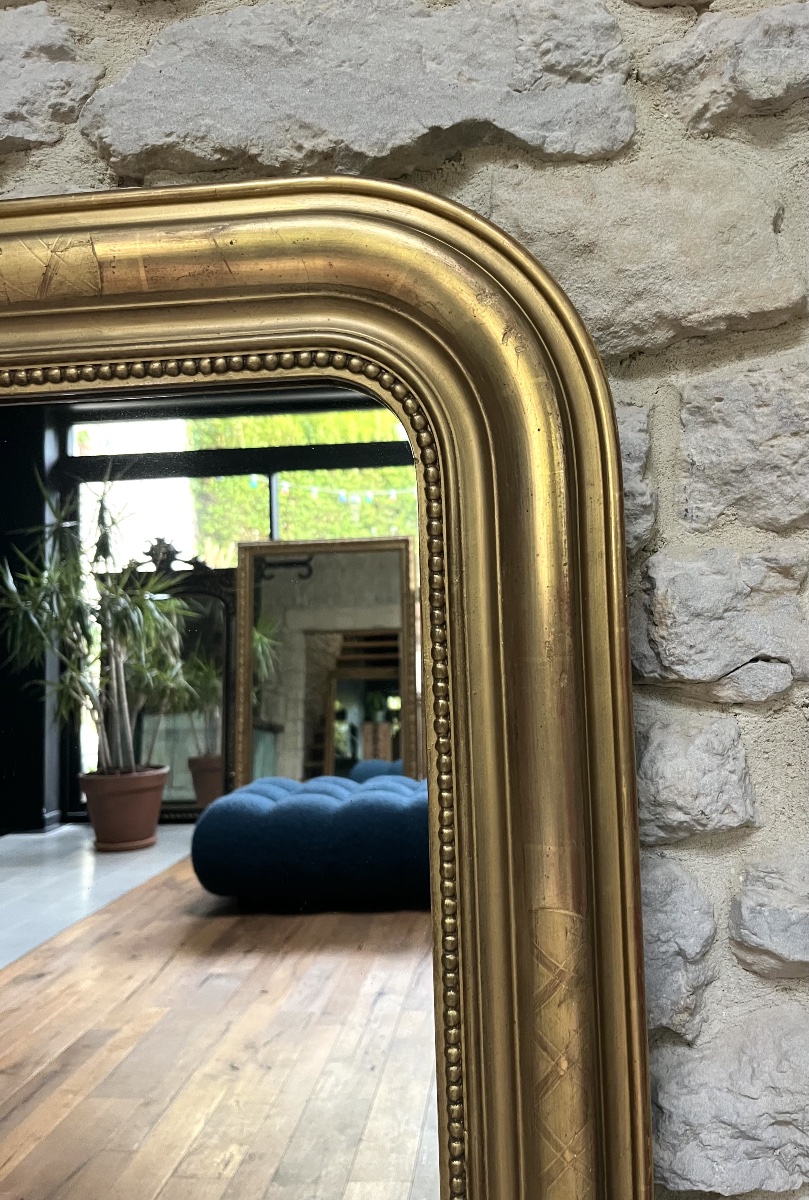 Miroir Louis Philippe perlé 108,5/69cm, doré à la feuille d’or, trumeau de cheminée, glace.  -photo-4