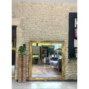 Miroir Ancien 144,5cm/131,5cm De Cheminée Doré à La Feuille D’or, Début 19ème Glace Au Mercure.