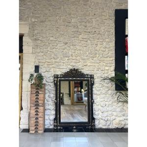 Antique Mirror With Pediment And Pearls, Napoleon III Period, Slightly Pitted Glass, Fireplace Trumeau.