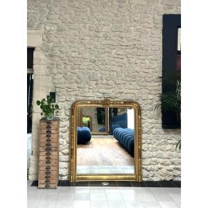 Miroir ancien de cheminée Louis Philippe à fronton doré à la feuille d’or glace mercure, 124cm