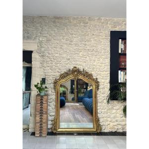 Miroir à frontons et perlé 160cm doré à la feuille d’or glace au mercure, trumeau de cheminée 