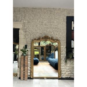 Antique Louis-philippe Mirror 171cm/123cm Gendarme's Hat With Gilded Pediments In Gold Leaf.