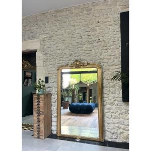 Antique Louis-philippe Mirror With A Gilt Pediment Covered In Gold Leaf, 163/100cm, Mercury Glass, Trumeau Style  