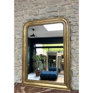 Antique Louis-philippe Beaded Mirror, 110.5/80cm, Gilded With Gold Leaf, Mantelpiece