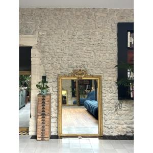 Antique Fireplace Mirror With Pediment And Beading, 145/98cm, Gilded With Gold Leaf 