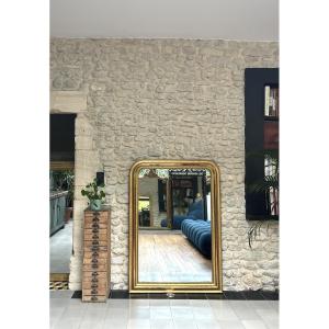 Antique Louis-philippe Period Beaded Mirror, 145/102cm, Gilded With Gold Leaf, Mercury Glass 