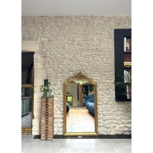 Antique Pediment And Beaded Mirror 148/80,5cm Gilded With Gold Leaf, Mantelpiece