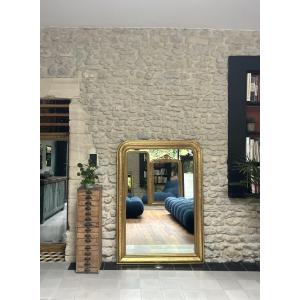 Miroir Louis-Philippe perlé 147/105cm doré à la feuille d’or décor floral, trumeau de cheminée