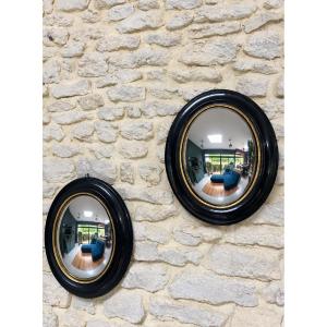 Pair Of Napoleonic III-era "witch" Mirrors, 42.5/34.5 Cm, Black And Gold, Curio, Glass