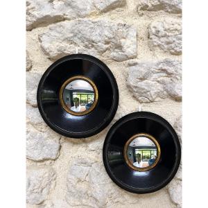 Pair Of Napoleon III "witch" Mirrors, 12 Cm, Antique Glass, Curio, Antique, Black