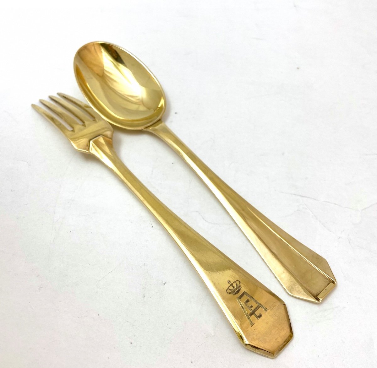 King Albert I And Queen Elisabeth Of The Belgians, 12 Table Cutlery In Vermeil, Delheid Frères-photo-3